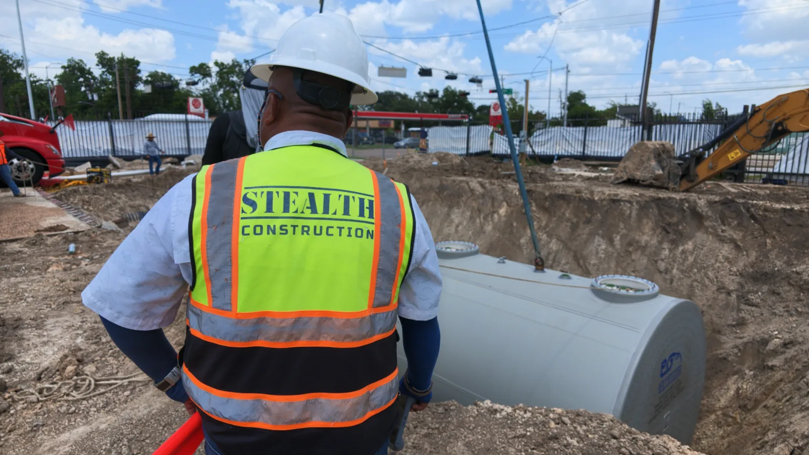 Underground fuel storage tank being set on a Texas c-store construction site